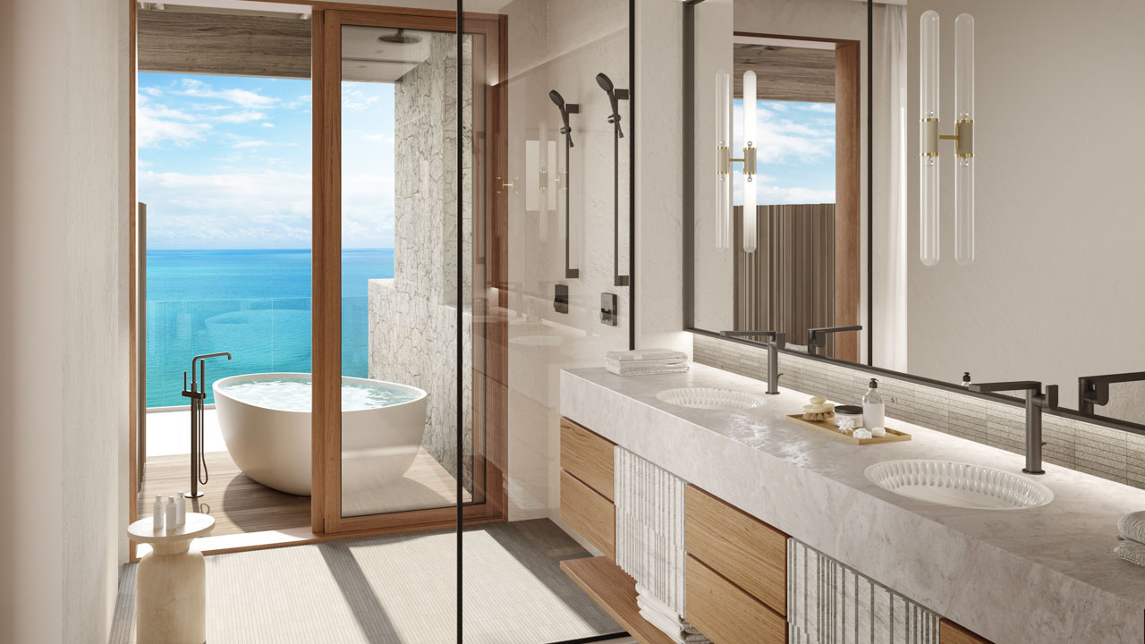 beautiful master bathroom in Grand Residence at The Strand in turks and Caicos