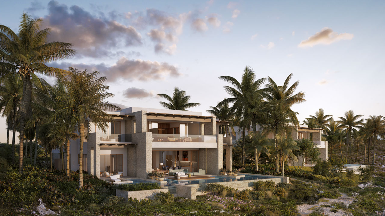 The Strand Turks and Caicos - exterior side view of Luxury grand Residences with modern pool and outside seating areas