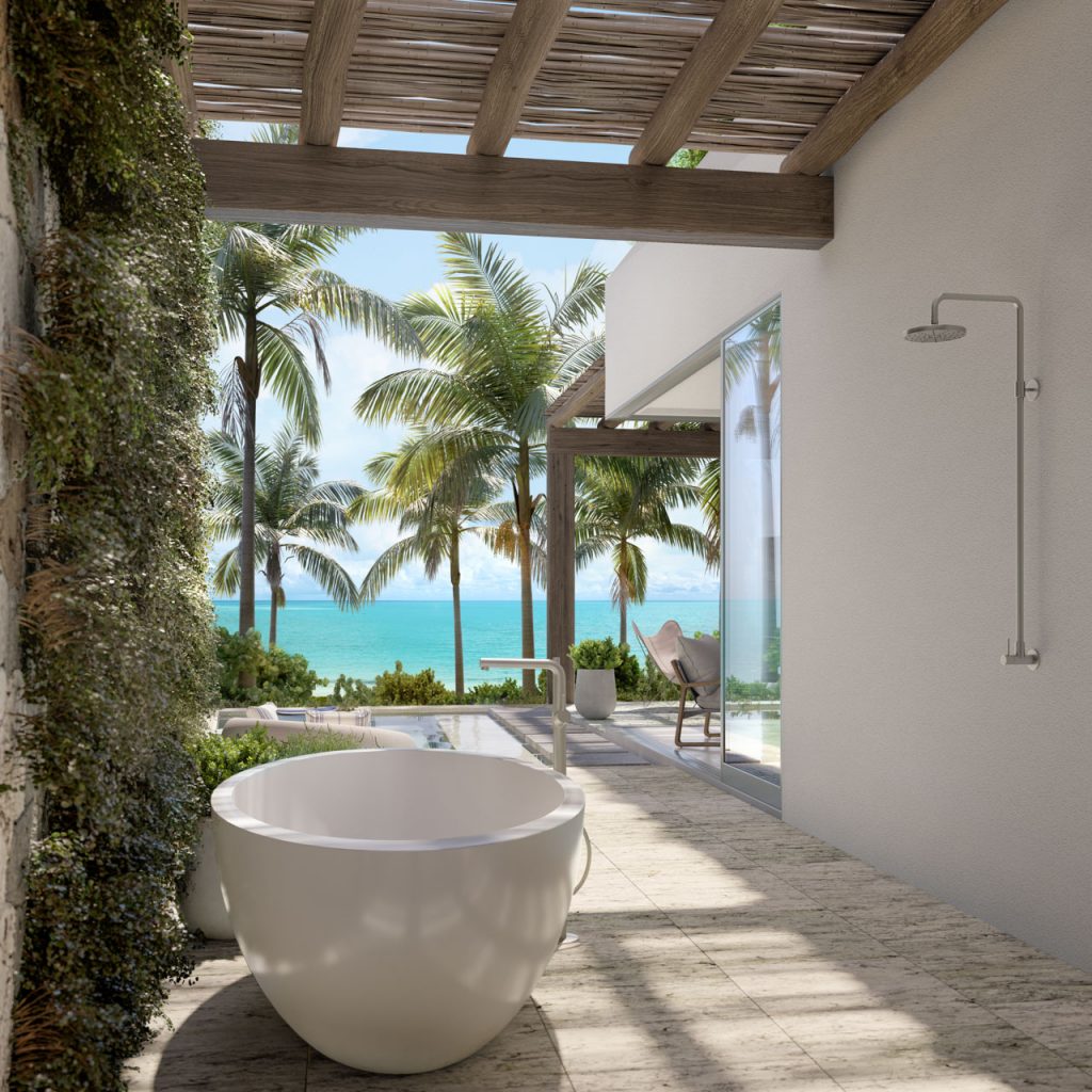 luxurious outdoor shower and tub at The Strand