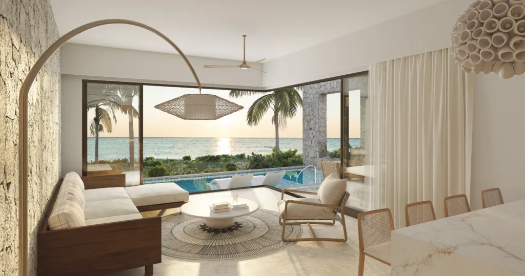 Beautiful seating area in oceanfront villa in Turks and Caicos at The Strand TCI